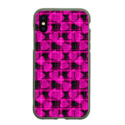 Чехол iPhone XS Max матовый Black and pink hearts pattern on checkered, цвет: 3D-темно-зеленый