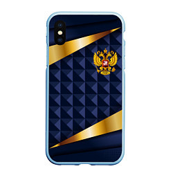 Чехол iPhone XS Max матовый Золотой герб России на объемном синим фоне, цвет: 3D-голубой