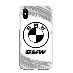 Чехол iPhone XS Max матовый BMW speed на светлом фоне со следами шин, цвет: 3D-белый