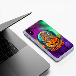 Чехол iPhone XS Max матовый Хэллоуин - мишка на тыкве, цвет: 3D-светло-сиреневый — фото 2