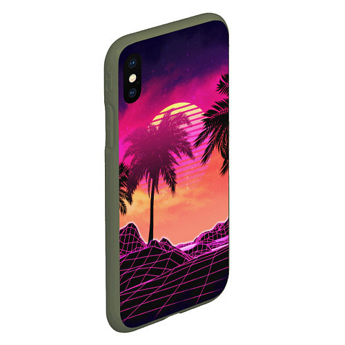 Чехол iPhone XS Max матовый Пальмы и пляж в розовом закате ретро дизайн / 3D-Темно-зеленый – фото 2