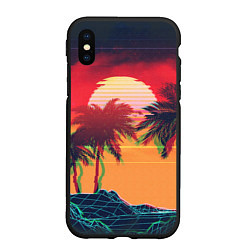 Чехол iPhone XS Max матовый Пальмы и пляж на закате с помехами VHS ретро дизай