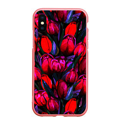Чехол iPhone XS Max матовый Тюльпаны - поле красных цветов