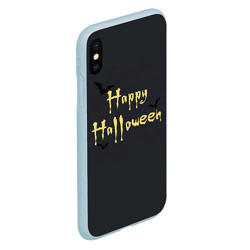 Чехол iPhone XS Max матовый Happy Halloween надпись с летучими мышами / 3D-Голубой – фото 2