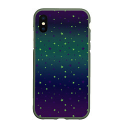 Чехол iPhone XS Max матовый Неоновые зеленые и сиреневые звезды на темно зелен