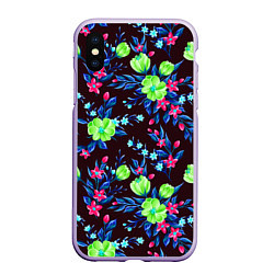 Чехол iPhone XS Max матовый Неоновые цветы - паттерн, цвет: 3D-светло-сиреневый