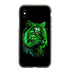 Чехол iPhone XS Max матовый Нейросеть: неоновый зелёный тигр, цвет: 3D-темно-зеленый