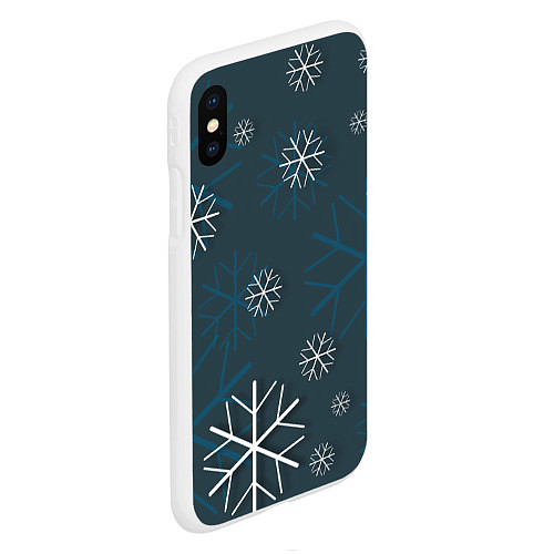 Чехол iPhone XS Max матовый Белые снежинки на синем фоне / 3D-Белый – фото 2