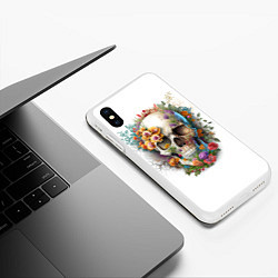 Чехол iPhone XS Max матовый Череп украшенный растениями и цветами, цвет: 3D-белый — фото 2