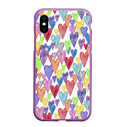 Чехол iPhone XS Max матовый Разноцветные сердечки Калейдоскоп, цвет: 3D-фиолетовый