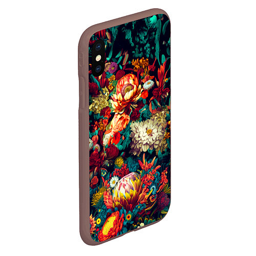 Чехол iPhone XS Max матовый Цветочный паттерн с цветами и листьями / 3D-Коричневый – фото 2