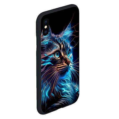 Чехол iPhone XS Max матовый Неоновый кот искрящий молниями / 3D-Черный – фото 2