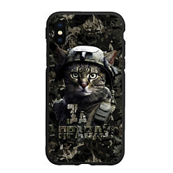 Чехол iPhone XS Max матовый Полосатый кот в каске, цвет: 3D-черный