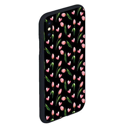 Чехол iPhone XS Max матовый Тюльпаны и сердечки на черном - паттерн / 3D-Черный – фото 2