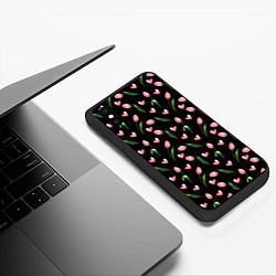 Чехол iPhone XS Max матовый Тюльпаны и сердечки на черном - паттерн, цвет: 3D-черный — фото 2