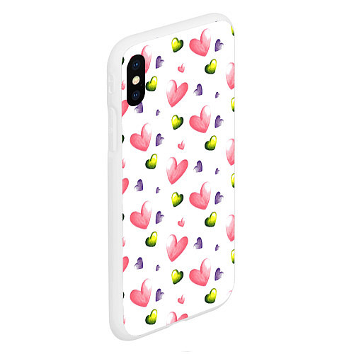 Чехол iPhone XS Max матовый Акварельные сердечки - паттерн / 3D-Белый – фото 2