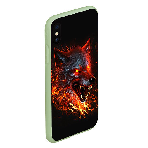 Чехол iPhone XS Max матовый Огненный злой волк с красными глазами / 3D-Салатовый – фото 2