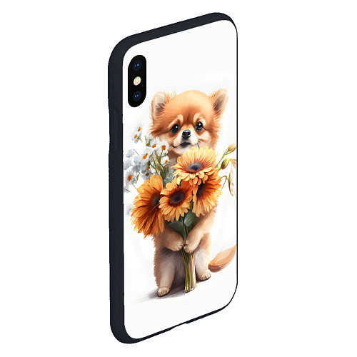 Чехол iPhone XS Max матовый Милый щенок с подсолнухами и ромашками / 3D-Черный – фото 2