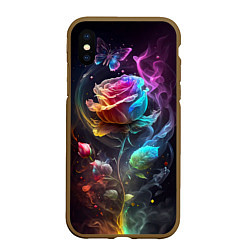 Чехол iPhone XS Max матовый Неоновая бабочка над большой розой