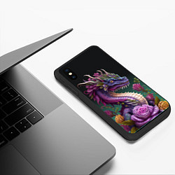 Чехол iPhone XS Max матовый Неоновый дракон с цветами, цвет: 3D-черный — фото 2