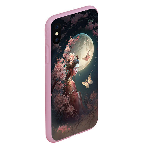 Чехол iPhone XS Max матовый Девушка в сакуре под луной / 3D-Розовый – фото 2