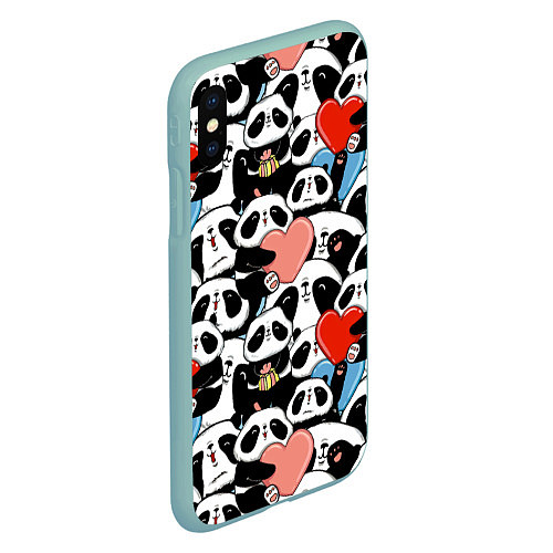 Чехол iPhone XS Max матовый Панды с сердечками / 3D-Мятный – фото 2