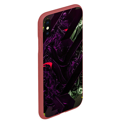 Чехол iPhone XS Max матовый Фиолетовая текстура с зелеными вставками / 3D-Красный – фото 2