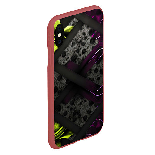 Чехол iPhone XS Max матовый Темная фиолетовая текстура с листьями / 3D-Красный – фото 2