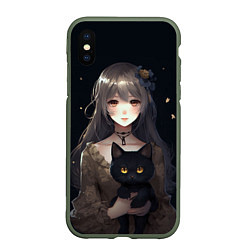 Чехол iPhone XS Max матовый Аниме девушка с черной кошкой, цвет: 3D-темно-зеленый