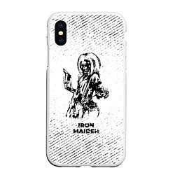 Чехол iPhone XS Max матовый Iron Maiden с потертостями на светлом фоне, цвет: 3D-белый