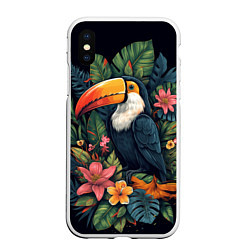 Чехол iPhone XS Max матовый Тукан на фоне тропических листьев: арт нейросети, цвет: 3D-белый