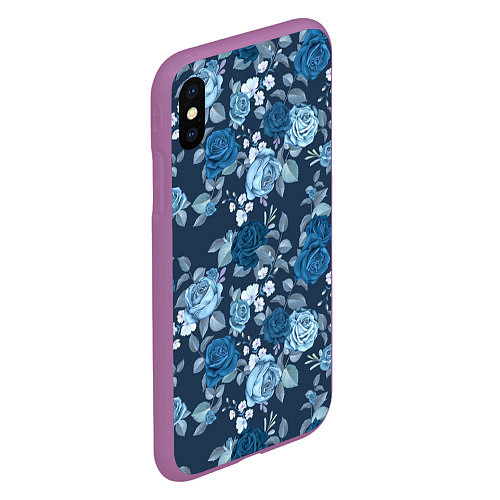 Чехол iPhone XS Max матовый Голубые розы паттерн / 3D-Фиолетовый – фото 2