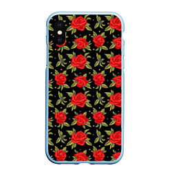 Чехол iPhone XS Max матовый Красные розы паттерн, цвет: 3D-голубой