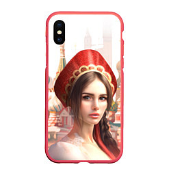 Чехол iPhone XS Max матовый Девушка в кокошнике с косой - кремль, цвет: 3D-красный