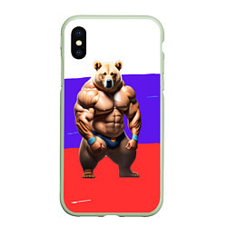 Чехол iPhone XS Max матовый Накаченный медведь на Российском флаге