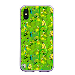 Чехол iPhone XS Max матовый Зеленые волнистые попугайчики, цвет: 3D-светло-сиреневый