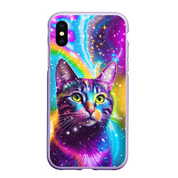 Чехол iPhone XS Max матовый Полосатый кот с разноцветной звездной туманностью, цвет: 3D-светло-сиреневый