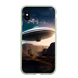 Чехол iPhone XS Max матовый НЛО над горами, цвет: 3D-салатовый