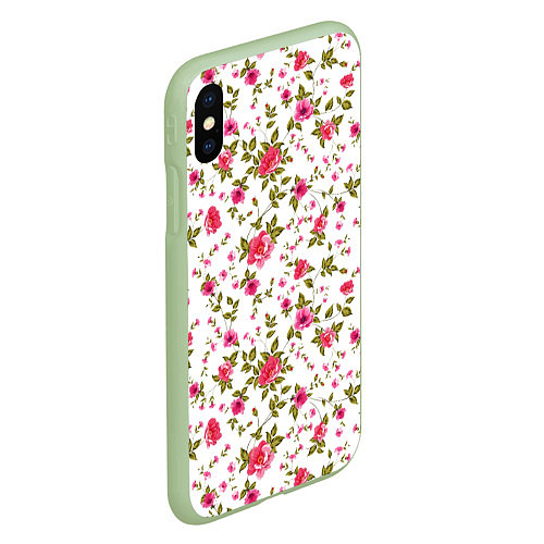 Чехол iPhone XS Max матовый Розовые цветы на белом фоне / 3D-Салатовый – фото 2