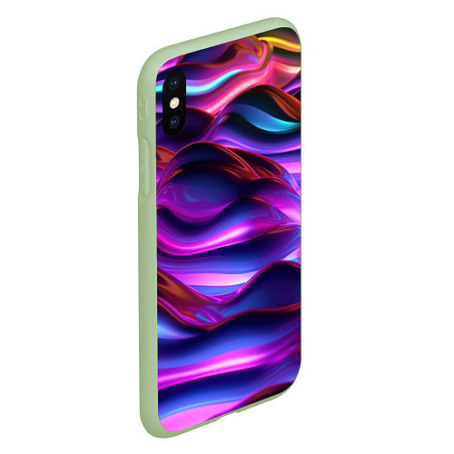 Чехол iPhone XS Max матовый Неоновые синие и фиолетовые волны / 3D-Салатовый – фото 2