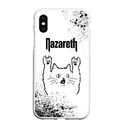 Чехол iPhone XS Max матовый Nazareth рок кот на светлом фоне, цвет: 3D-белый