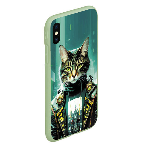 Чехол iPhone XS Max матовый Funny cat on the background of skyscrapers / 3D-Салатовый – фото 2