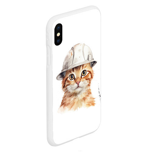 Чехол iPhone XS Max матовый Акварельный кот-строитель / 3D-Белый – фото 2