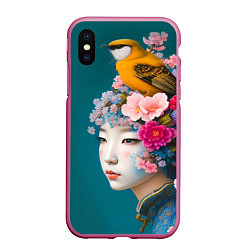 Чехол iPhone XS Max матовый Японка с птицей на фоне цветущей сакуры, цвет: 3D-малиновый