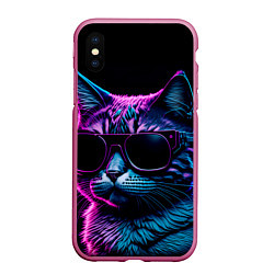 Чехол iPhone XS Max матовый Неоновый котик в очках, цвет: 3D-малиновый