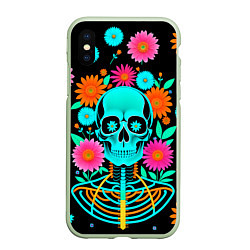 Чехол iPhone XS Max матовый Неоновый скелет в цветах, цвет: 3D-салатовый
