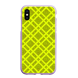 Чехол iPhone XS Max матовый Черный геометрический орнамент на желтом фоне, цвет: 3D-сиреневый