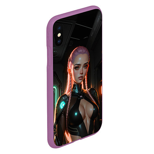 Чехол iPhone XS Max матовый Красивая девушка киберпанк / 3D-Фиолетовый – фото 2