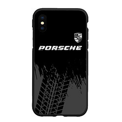 Чехол iPhone XS Max матовый Porsche speed на темном фоне со следами шин: симво, цвет: 3D-черный