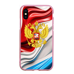 Чехол iPhone XS Max матовый Герб России на фоне флага, цвет: 3D-розовый